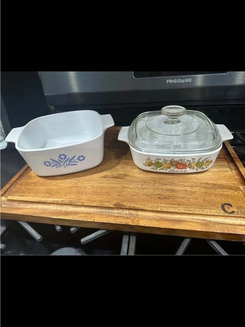 Corningware White Casserole Dishes with Blue Floral & Harvest Fruit Decals